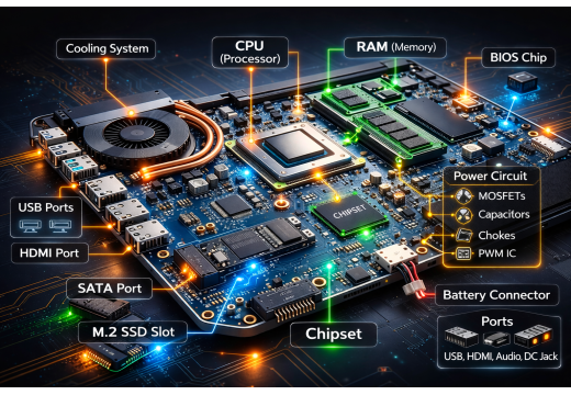 مادربرد مهم‌ترین قطعه لپ‌تاپ است! در این راهنمای کامل با ساختار مادربرد، علائم خرابی، دلایل سوختن و نکات تعمیر آن آشنا شوید.